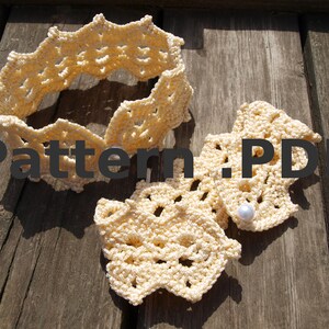 May include: Two crocheted lace collars in a cream color, one is a circle and the other is a partial circle, with a pearl bead in the center of the partial circle. The text "Pattern.PDF" is printed on the image.