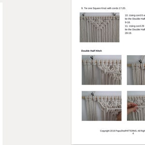 May include: A step-by-step guide to macrame wall hanging with instructions on how to tie a square knot and double half hitch. The guide includes images of the knots and the finished wall hanging.