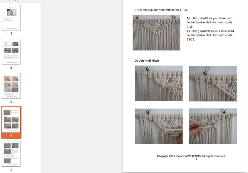 May include: A step-by-step guide to macrame wall hanging with instructions on how to tie a square knot and double half hitch. The guide includes images of the knots and the finished wall hanging.