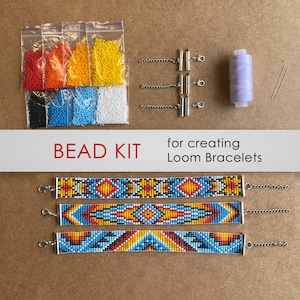 May include: Bead kit for creating loom bracelets. The kit includes bags of colorful beads, clasps, thread, and needles. Three completed bracelets are shown in the image.