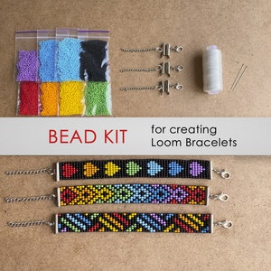 May include: A bead kit for creating loom bracelets. The kit includes colorful beads, clasps, thread, and needles. The kit also includes three example bracelets with different patterns.