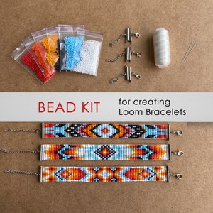 May include: Bead kit for creating loom bracelets. The kit includes colorful beads in bags, white thread, clasps, and needles.
