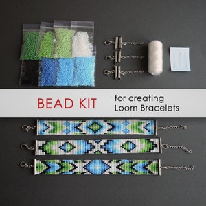 May include: A bead kit for creating loom bracelets. The kit includes beads in various colours, including black, white, green, and blue, as well as thread, clasps, and needles.