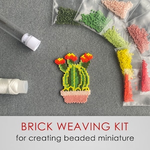 May include: A brick weaving kit for creating a beaded miniature cactus. The kit includes a variety of colored beads, a needle, and thread. The cactus is green with yellow accents and red flowers.