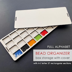 FULL ALPHABET Bead Organizer for seed beads, box storage with cover, 27 rectangular sections with letters, beadwork space organization idea
