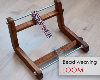 Brown Modern Wooden Loom for LONG seed beadwork weaving - For loomed stitch hatbands, gerdans, bracelets and choker - Size 9" x 11.8" x 6.7"