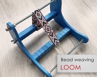 Blue Mini Professional Wooden Loom for LONG beadwork weaving - For loomed stitch hatbands, bracelets, and choker - Work Space size 6" x 6"