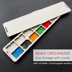LONG Bead Organizer for seed beads, box storage with cover, 14 rectangular sections with A-N letters, beadwork space organization, Gift idea