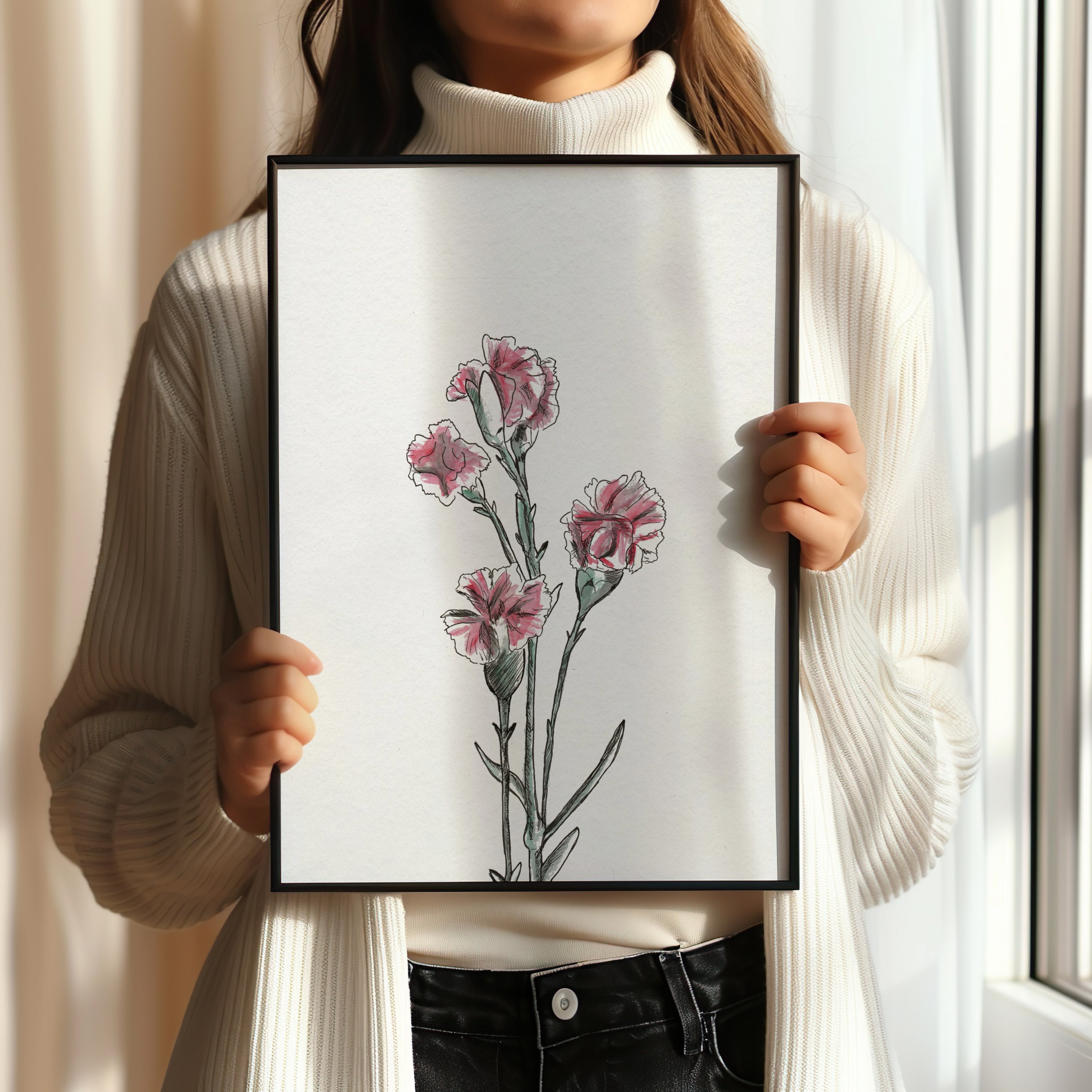 Carnation Print / Minimalist Floral /Nursery Botanical / Minimal print / Floral Artwork / Minimalist Flower / January flower