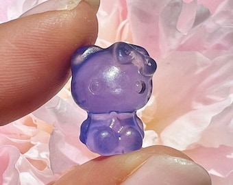 Mini Fluorite Cat Crystal Figurine | Hand-Carved Bow Kitty | Pocket Crystal 1.5 cm