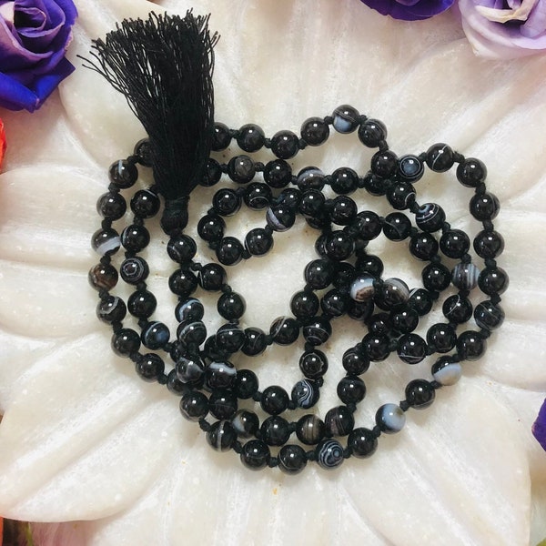 108 beads Black Botswana Agate crystal hand knotted necklace/mala & tassel with 6 mm jewels /Reiki energy blessed high quality gems /Protect