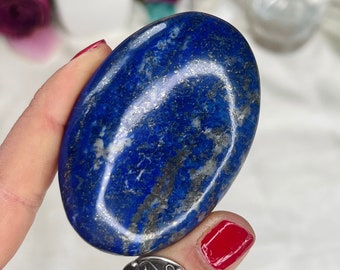 Premium Lapis Lazuli with Pyrite crystal palm stone / Reiki energy blessed large cabochon / Chunky crystal palm stone / Pocket crystal / D