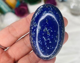 Premium Lapis Lazuli with Pyrite crystal palm stone / Reiki energy blessed large cabochon / Chunky crystal palm stone / Pocket crystal / G