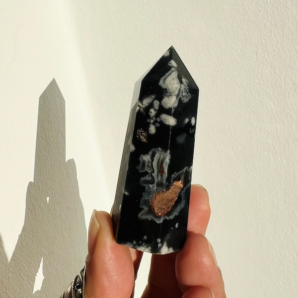 Premium Black Flower Agate crystal tower from Madagascar / Reiki energy blessed crystal obelisk / Faceted crystal point / Cherry blossom /h