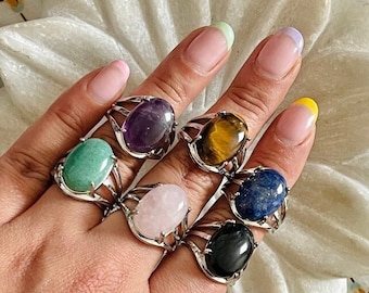 Adjustable Gemstone Ring: Rose Quartz, Amethyst, Onyx, Jade, Tiger Eye, Lapis