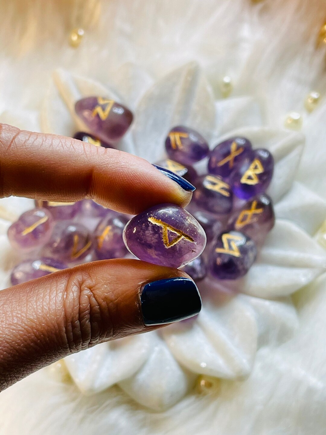 Amethyst & Clear Quartz Rune Set With Gold Hand Engraved Symbols ...