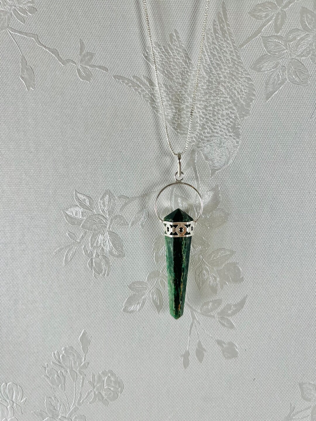 Premium Green Aventurine Point Crystal Pendant With Snake Silver