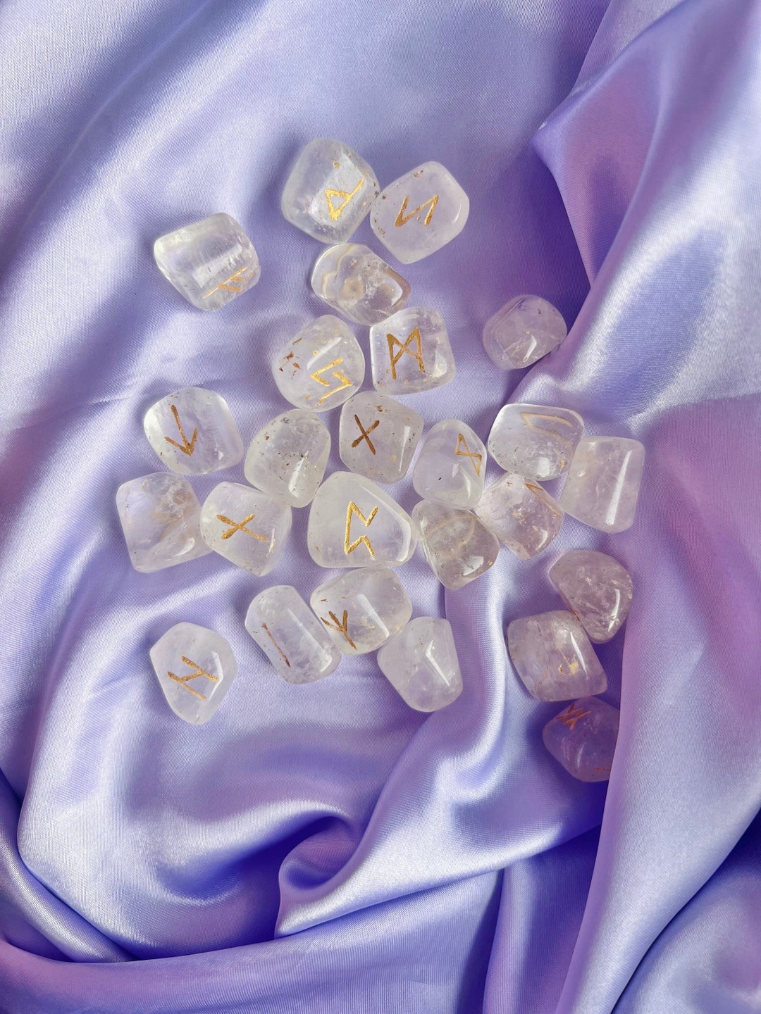 Amethyst & Clear Quartz Rune Set With Gold Hand Engraved Symbols ...