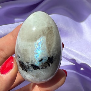 May include: A polished, egg-shaped moonstone featuring a smooth, translucent surface with a prominent iridescent blue flash in the centre and distinct black mineral inclusions near the base, showcasing natural variations in colour and texture.