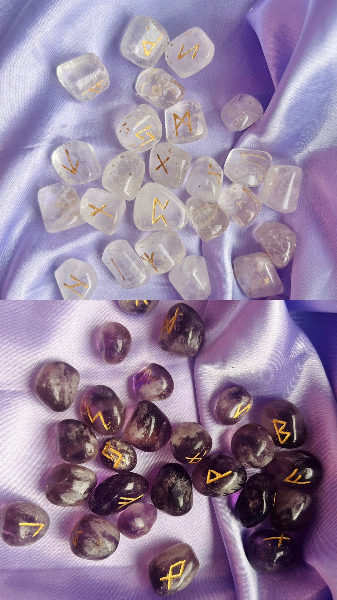 Amethyst & Clear Quartz Runes With Gold Hand Engraved Symbols / Reiki ...