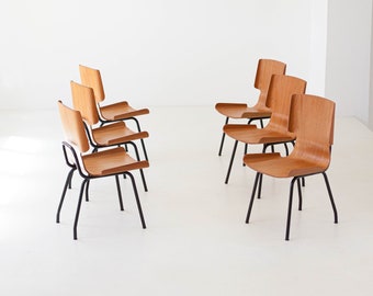 Set of Six Italian Curved Teak Dining Chairs , 1950s , Fully Restored
