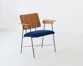 Fully Restored 1950s Italian Bentwood Teak and Blue Velvet Armchair