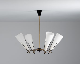 Italian Chandelier in Brass and Opaline Glass by Stilnovo, 1950s