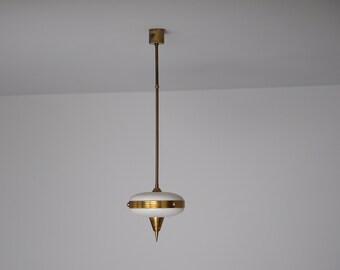 Petite Italian Brass and Opaline Pendant Lamp – 1950s Modernist