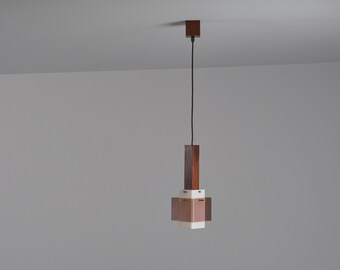 Italian 1960s Dark Teak Pendant Lamp with Milk and Smoky Perspex Shades