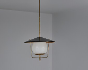 1950s Italian Pendant Lamp - STILNOVO, Brass with Black Shade and Opal Glass