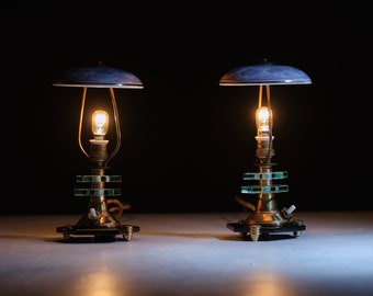 Pair of 1950s Italian Table Lamps - Original Brass Patina, Black Glass Base, Artful Ceramic Lampshades