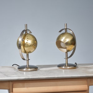 Pair of Orbital Italian Table Lamps, 1970s Brass and Steel