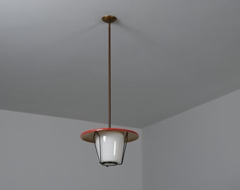 Italian Pendant Lamp in Brass, Iron and Opaline Glass, 1950s