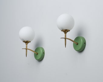 Italian Wall Sconces with Opaline Glass and Green Brass Mount, Mid-Century Modern