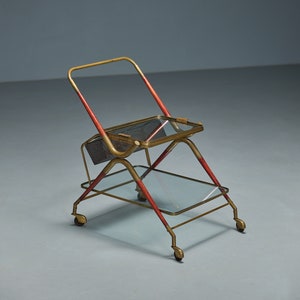Italian Bar Cart by Cesare Lacca, Removable Tray, Brass & Lacquered Wood Trolley