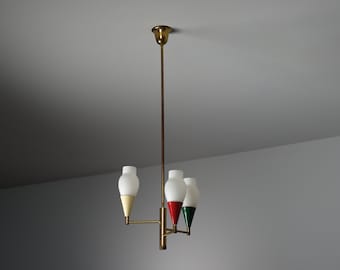 1950s Italian Brass Chandelier with Modern Design and Colorful Metal Accents