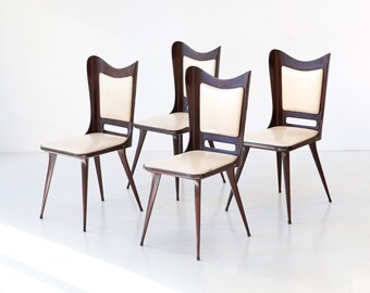 Italian Dining Chairs, 1950s, Beige Skai and Wood, Set of 4