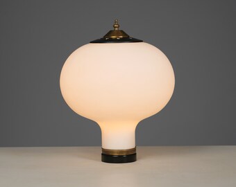 Big Italian table lamp in brass, opaline glass and black enameled iron, Italy, 1950s