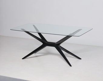 Elegant Coffee Table with Glass Top and Sleek Black Legs, 1950S