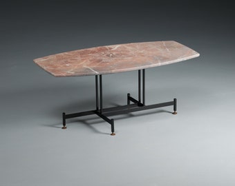 Midcentury Vintage Coffee Table with Reddish-Gray Marble Top and Geometric Iron