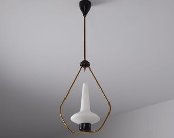 1950s Brass & Iron Pendant with Opaline Glass Shade — 2 Available