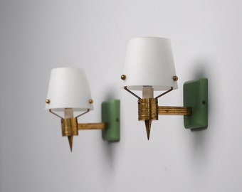 ON HOLD Italian Wall Sconces Brass and Opaline Glass , Mid-Century Elegance