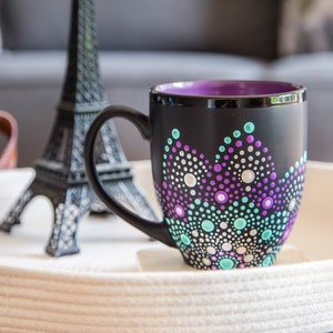 Dot mandala mug -  16 oz dot art coffee cup, purple and black coffee mug