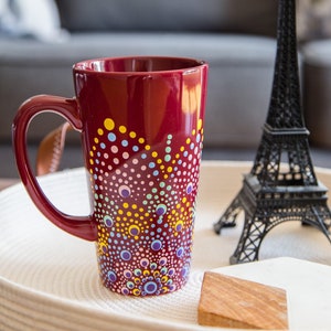 Dot mandala mug - 16 oz painted dot art coffee mug, burgundy tall coffee mug