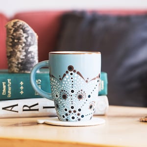 Dot mandala mug - 12 oz dot art coffee cup, blue mug, birch tree design