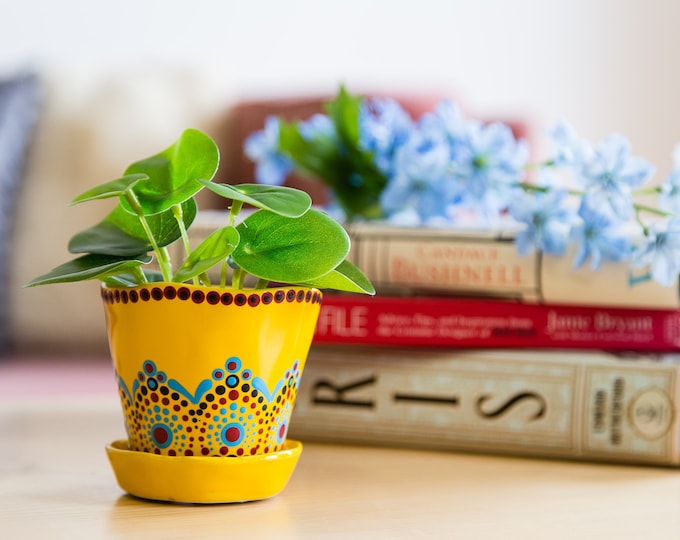 Small Yellow 3 Inch Flower Pot the Lorraine Small Planter painted Ceramic With Saucer, Drainage