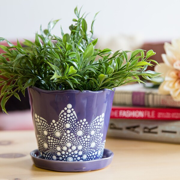 Grand pot de fleur mandala violet de 5 pouces et soucoupe - The Alfred Large Planter, pot avec trou de drainage, jardinage, pots de fleurs d'intérieur,