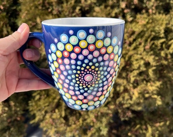 Dot mandala mug -  16 oz dot art coffee cup, navy & rainbow coffee mug, sacred geometry design