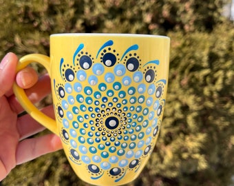 Yellow 12 Oz  ceramic painted mug -  dot mandala coffee cup, sunshine mug, sentimental gift