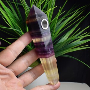 2Pcs Natural Rainbow Fluorite Pipe + Carb Hole Quartz Point Wand Crystal Healing